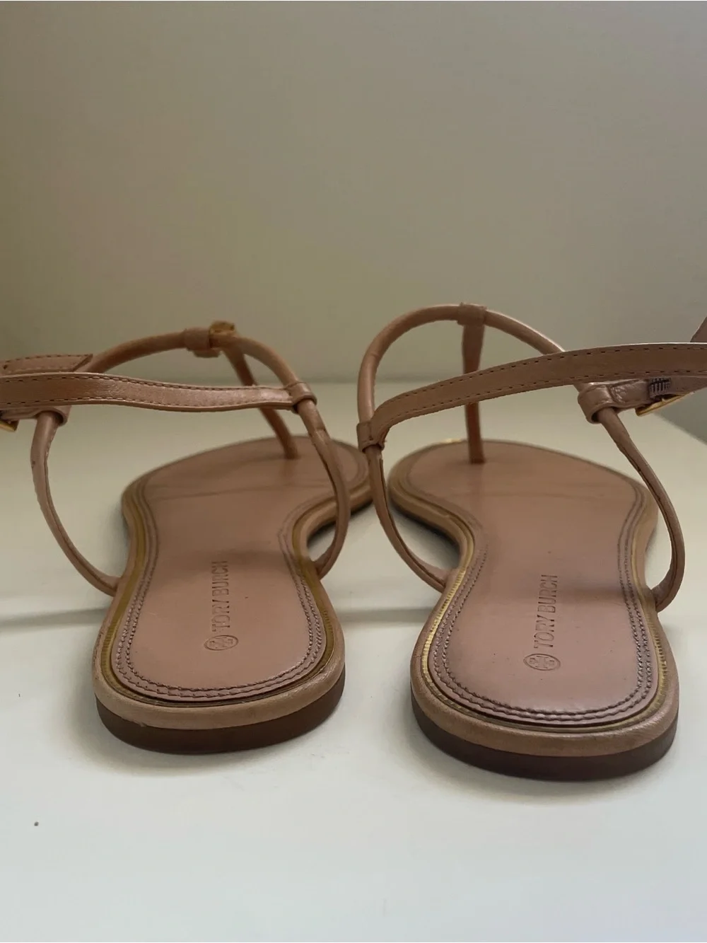 Tory Burch Tan Emmy Flat Leather Logo T-Strap Sandals with Gold Medallions